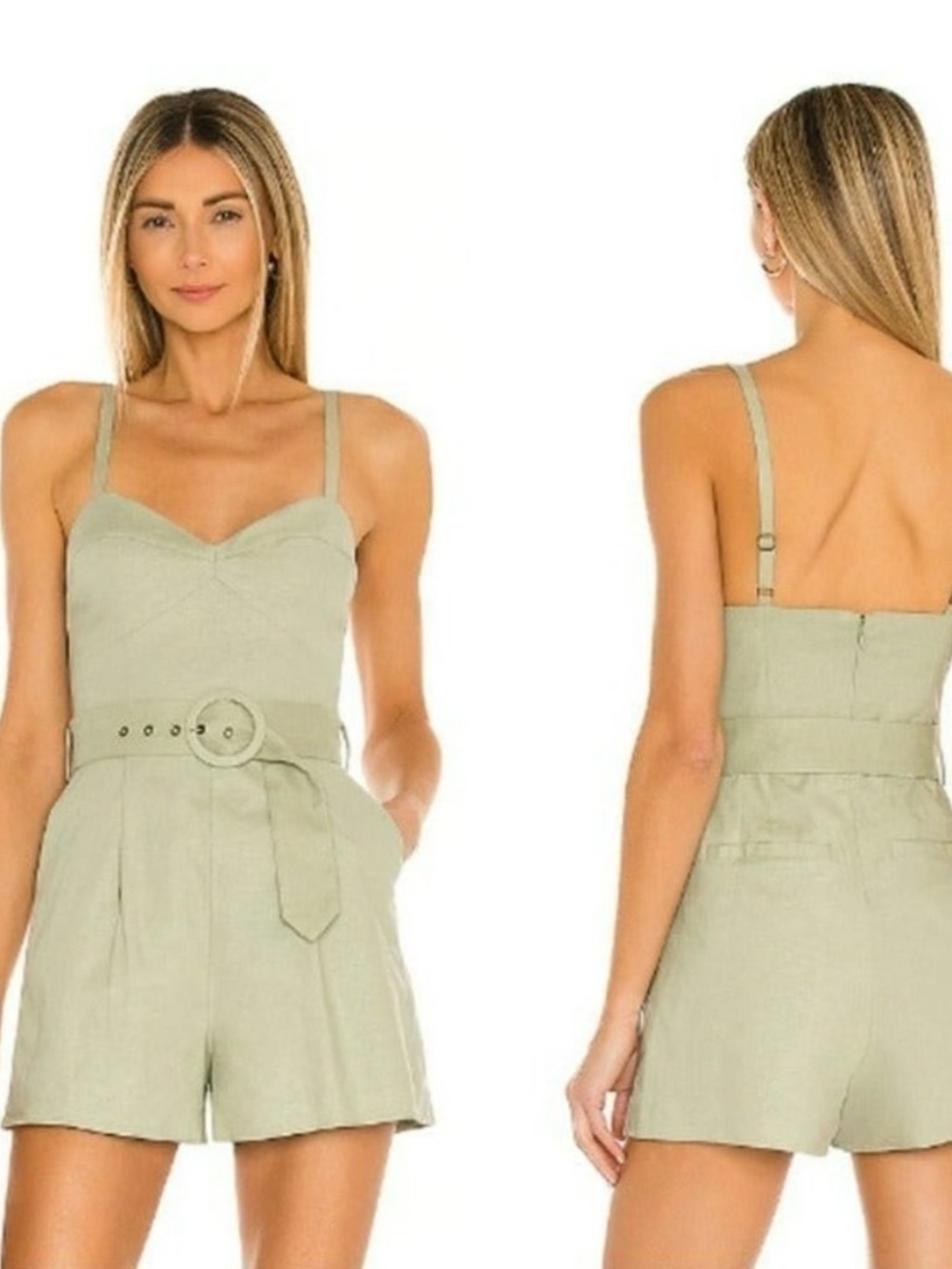 House of Harlow 1960 | Nicola Linen Blend Belted Romper - Sage Green